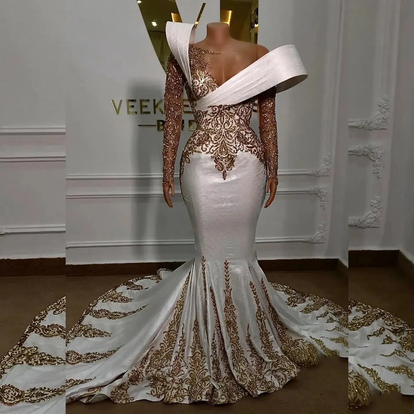 Mermaid Prom White And Gold Party Dresses Bridal Gowns White And