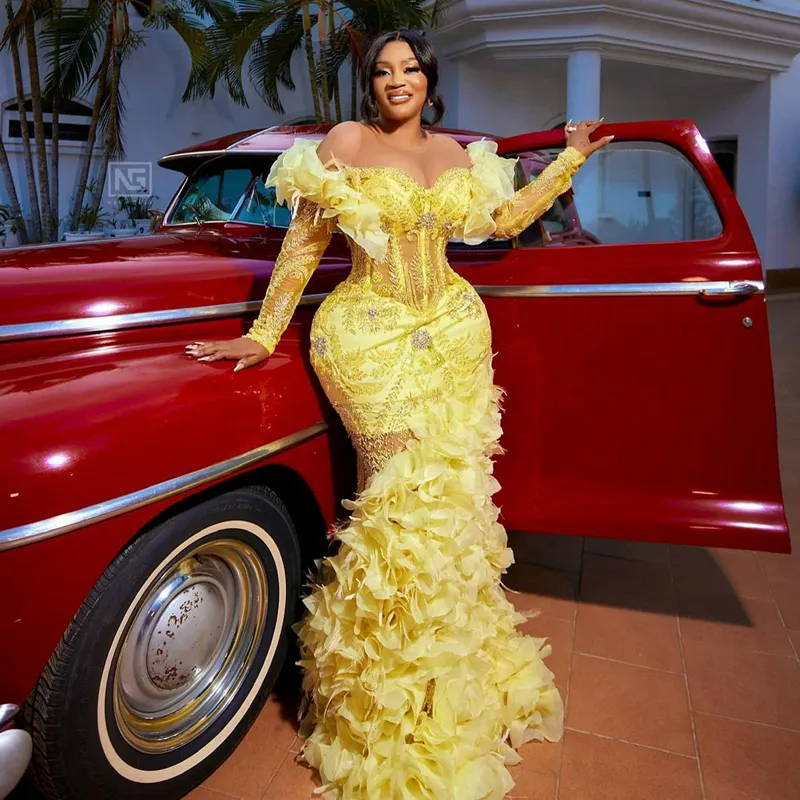 Light Yellow Lace Sequined Pleated Aso Ebi Mermaid Prom Dress