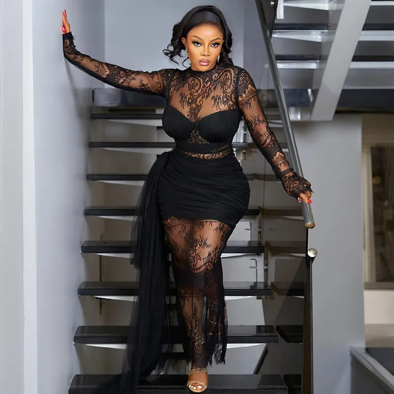 High Neck Black Lace Dress By Anthropologie Long-Sleeve Mock-Neck