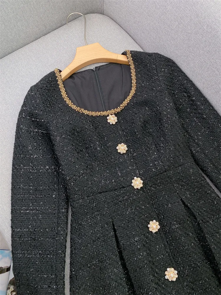 Chic Black Tweed Dress With Beading Detail | Long... From Risabeira, $70.96  In Bulk | DHgate.Com