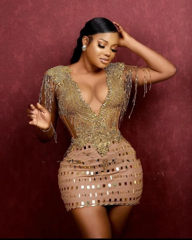 Gold Crystal Beaded African Tail fringe prom dress - Sexy Short Length for Homecoming and Parties in 2024