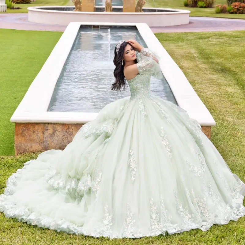 sage green and white wedding dress Floral Embellishment Ball Gown 15716 – Sparkly Gowns