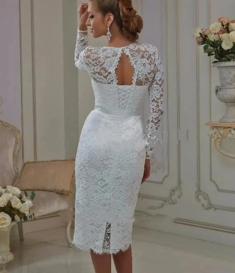 Elegant Knee Length Lace Sheath Wedding Dresses Long Sleeves