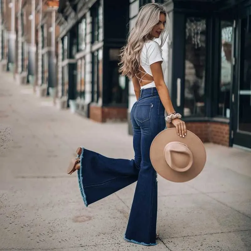 Women's Jeans Women's Flare Bell Bottom Jeans Destroyed Ripped Flare Denim Pants 70S Outfits For Women Pantalon Chic Jeans Elastique FemmeL240105