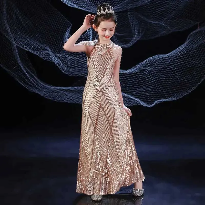 chinese dress ladies Luxury Yellow Rhinestone Halter Ruffled Young Girl Pageant Dress main image 1