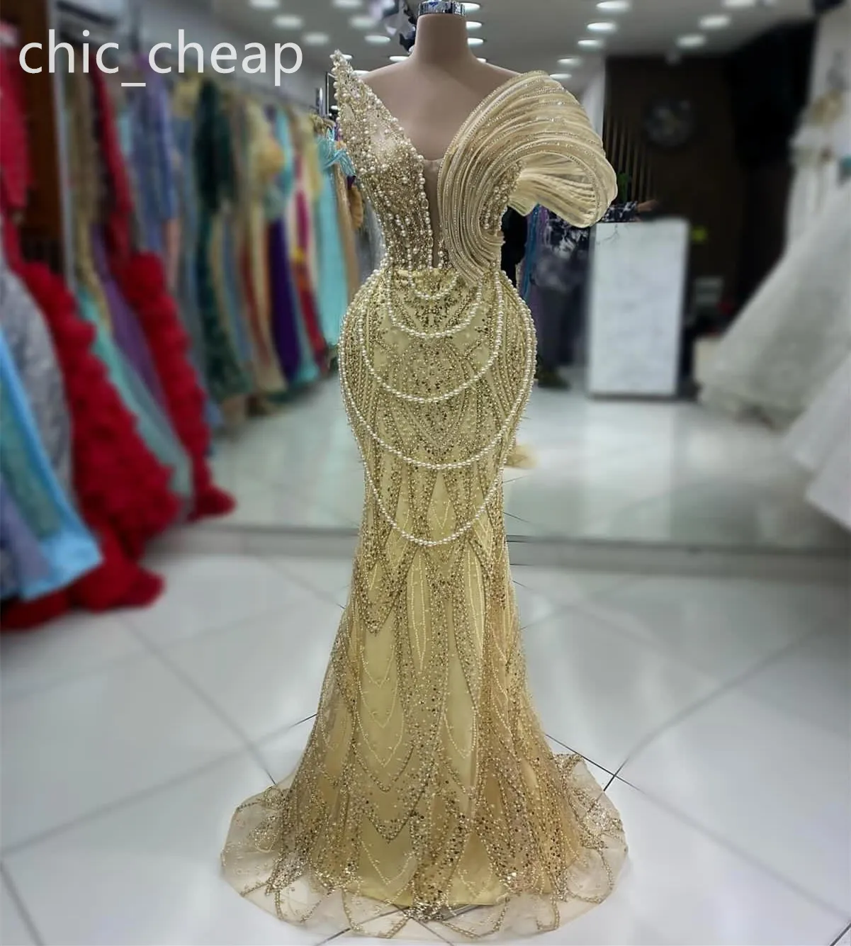 2024 Aso Ebi Gold Mermaid Prom Dress Beaded Pearls Sequined Evening ...