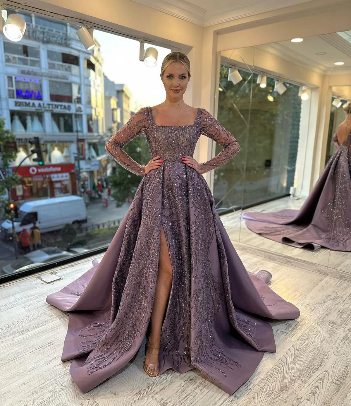 square neck long sleeve formal dress Queendancer Women Royal Blue Satin Long Sleeves Formal Dress with Sash Square  Neck A Line Backless Evening Dress – queendancer main image 1
