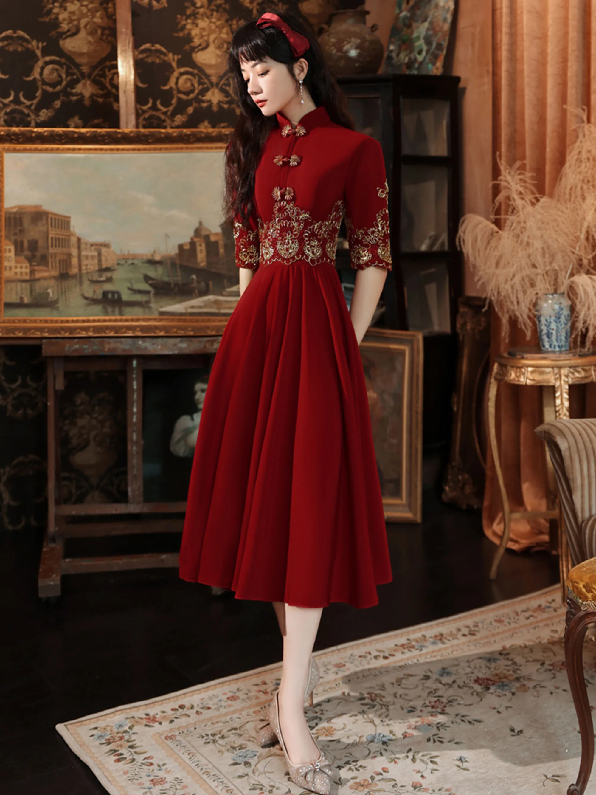 【関税込み】Partow レッド Remy ドレス Elegant Red Chinese Wedding Dress A Line Velvet Cheongsam
