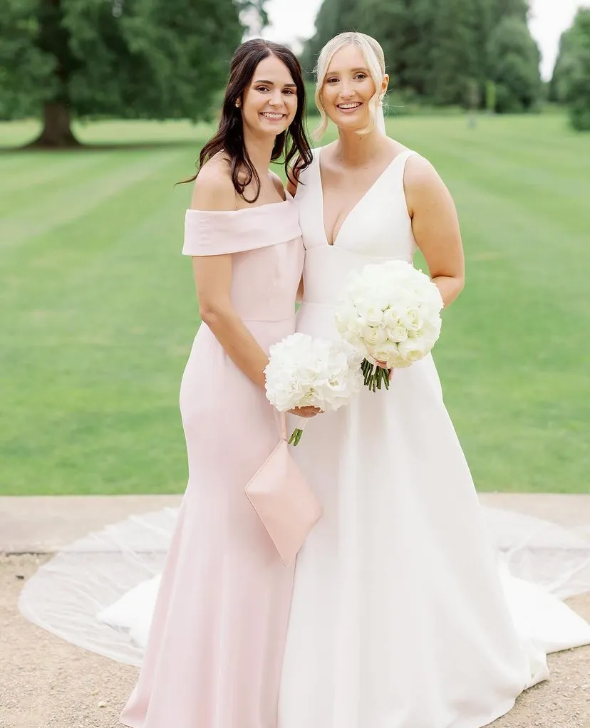 light pink off the shoulder bridesmaid dress Light Pink Off-shoulder Plunge Bridesmaid Dresses