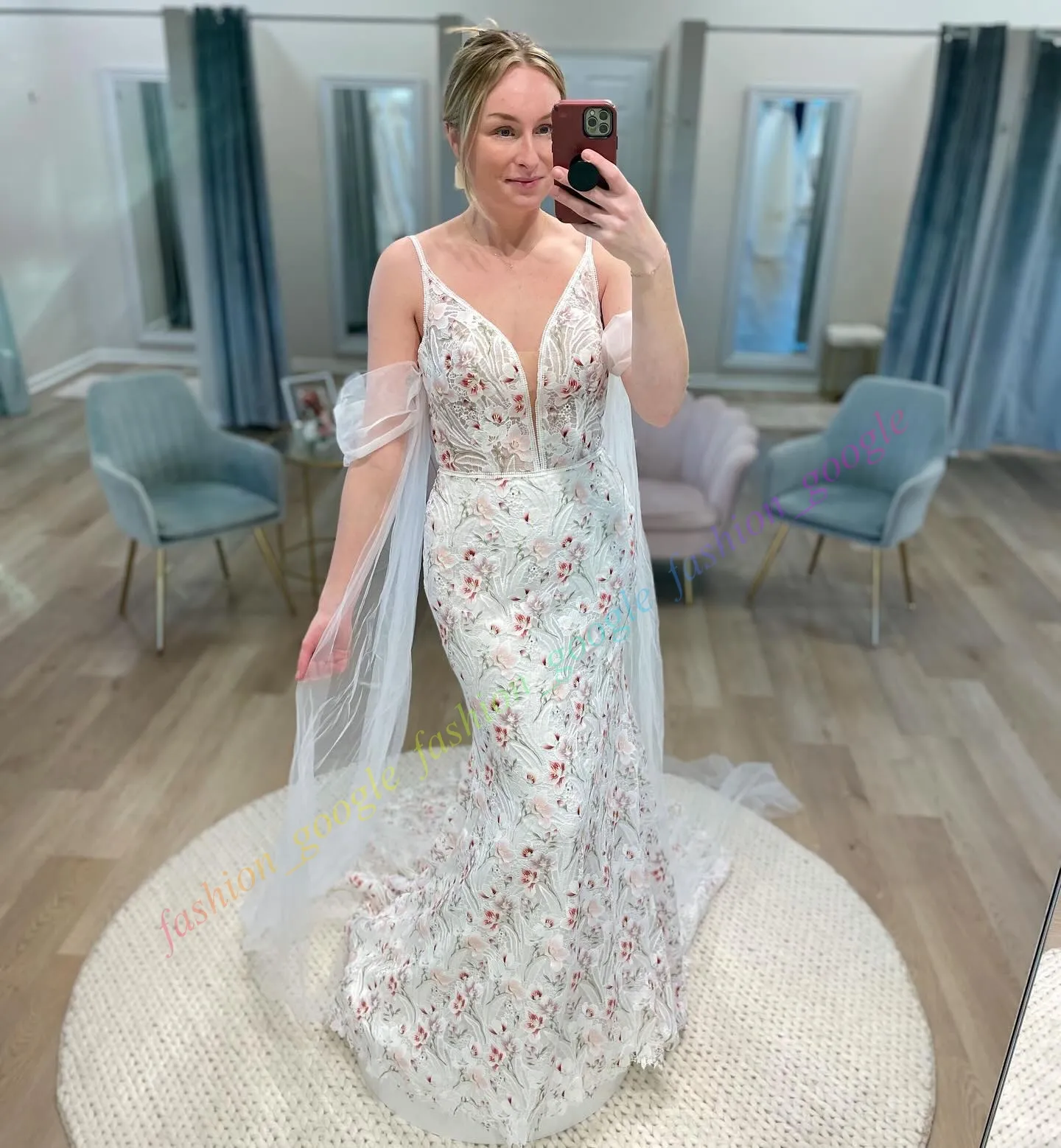 modern floral boho lace wedding dress Flower Lace Pleated Plunging Boho Wedding Dress Light Ivory main image 0