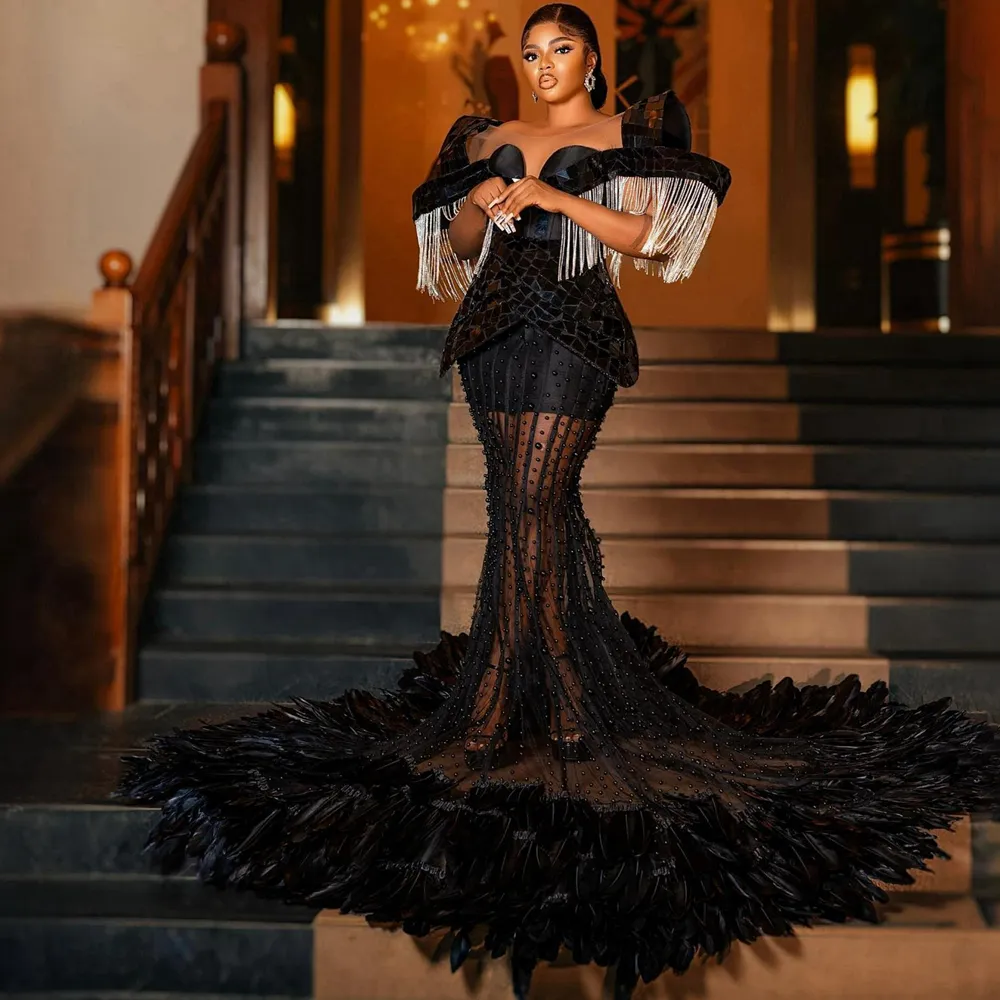 Feathered Prom Evening Dress with Mirror Sequins Tulle Pearls Satin Trumpet Silhouette for African Black Women from Dhgate Prom Dresses - price 1115.56 Feathered Prom Evening Dress with Mirror Sequins Tulle Pearls Satin Trumpet Silhouette for African Black Women from Dhgate Prom Dresses - price 1115.56