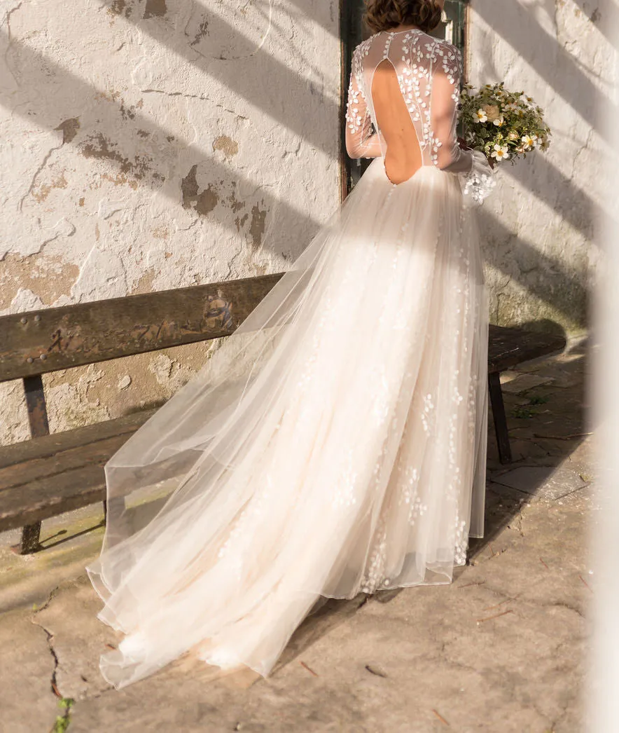 Ivory Beach Wedding Bohemian Wedding dress with Sheer Jewel Neckline, Lace Detailing, and Backless Design - Boho Bohemian Bridal Gown with Long