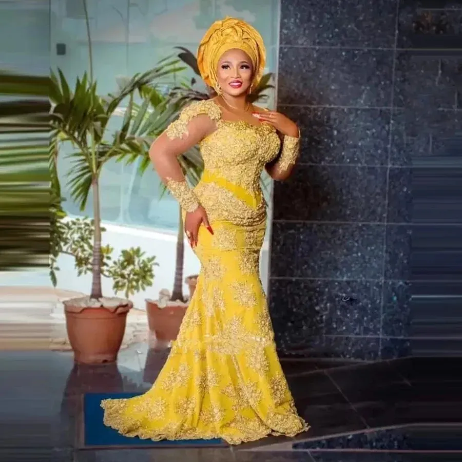 Custom-made Vintage Yellow Lace Aso Ebi Formal Yellow prom dresses 2023 for African Women with Long Sleeves - Perfect for Nigerian Birthday Gowns in
