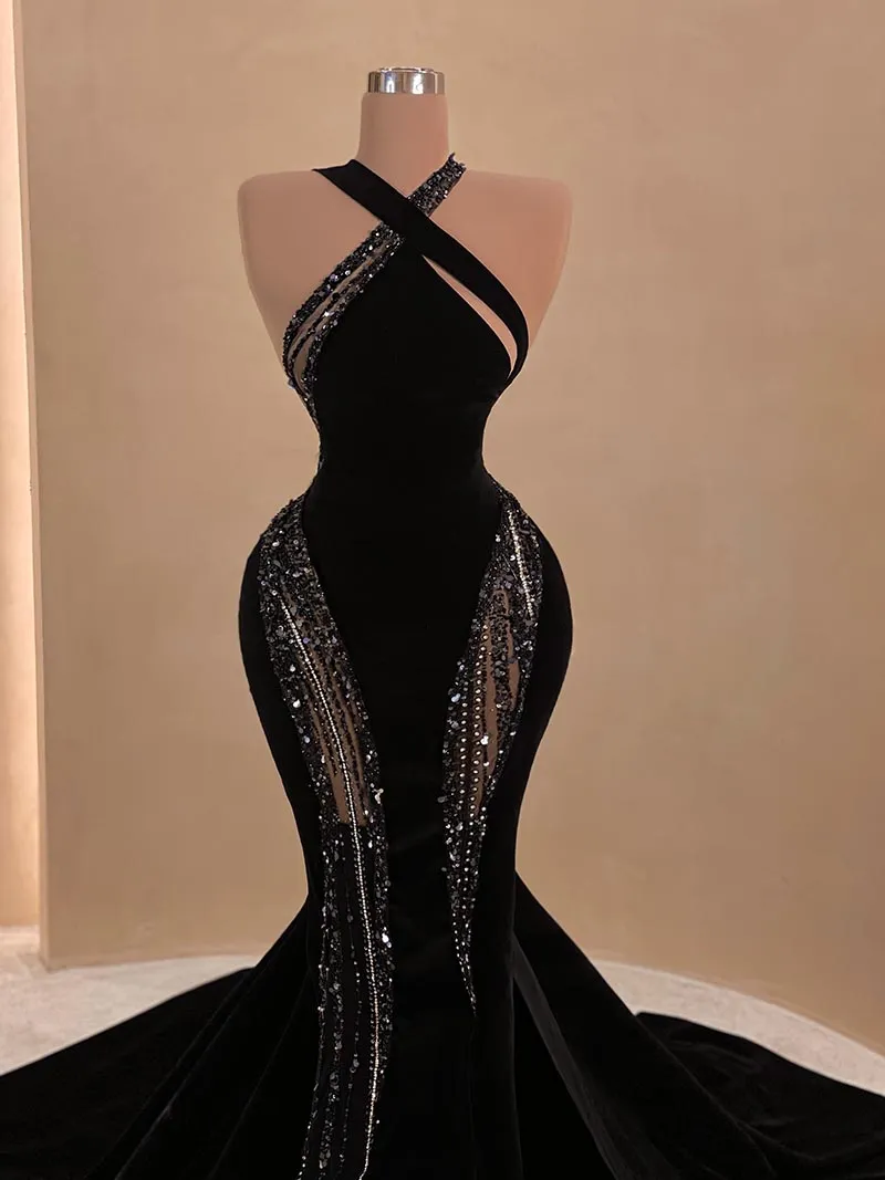 Sequined Lace Halter Mermaid Black Halter Prom Dress - Elegant Sleeveless Formal Evening Gown for Aso Ebi Occasions