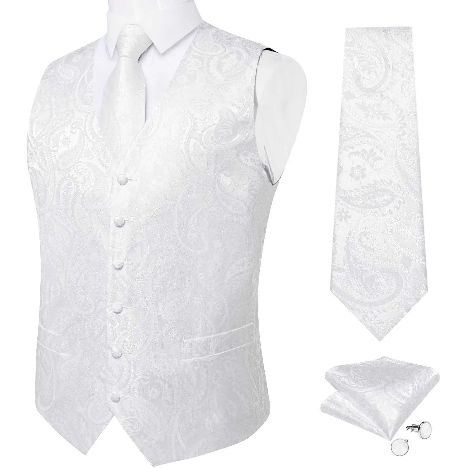 Herrenwesten Reinweiße Hochzeitsweste für Männer Ärmellose V-Ausschnitt Satin Weste Krawatte Einstecktuch Manschettenclip 5 Stück_voghion.com