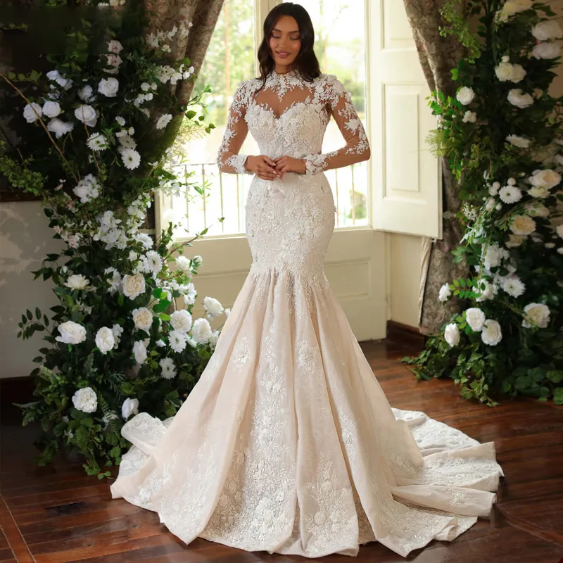 Custom-made Lace Mermaid Bridal Gown with Long Sleeves and Sweep Train Custom-made Lace Mermaid Bridal Gown with Long Sleeves and Sweep Train