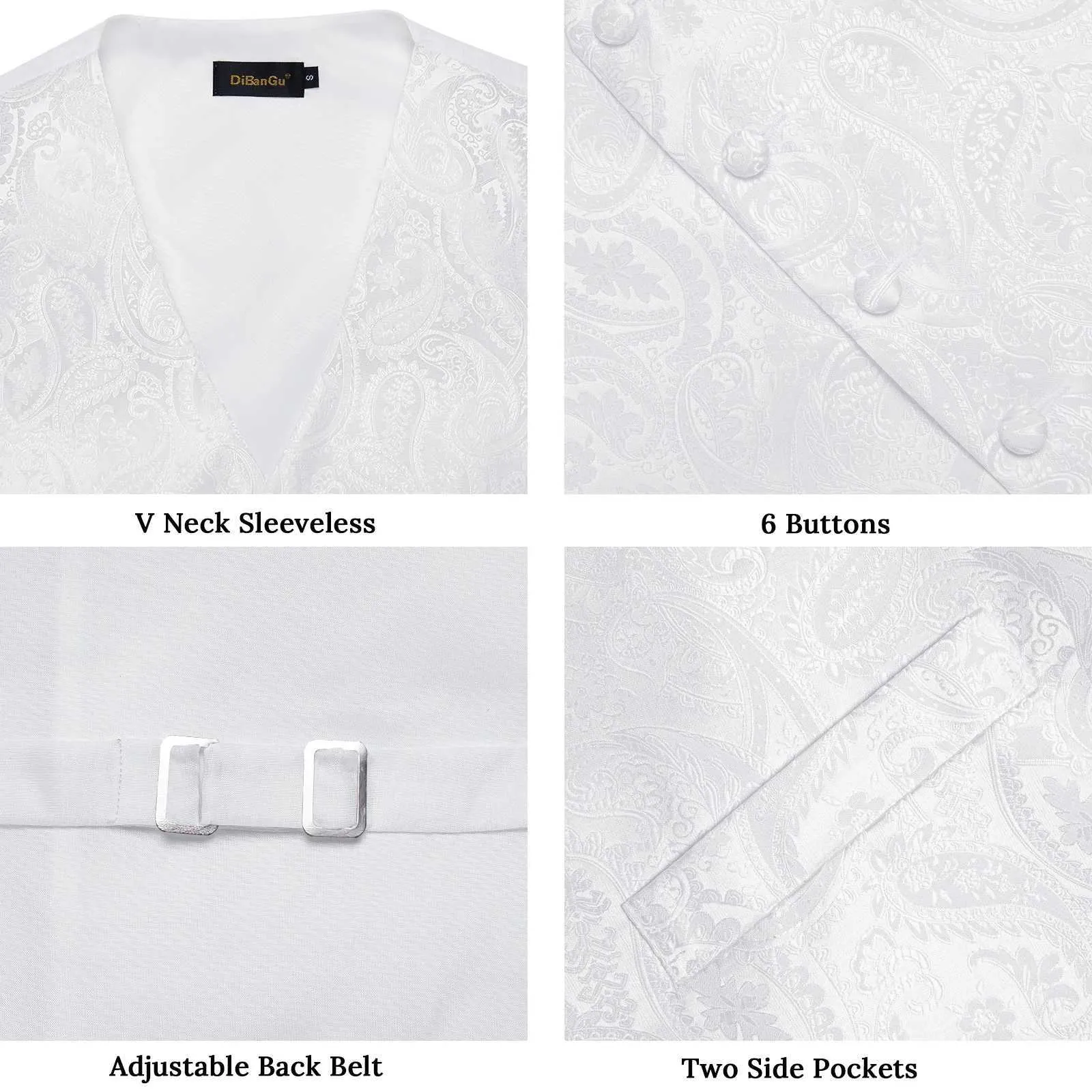 Herrenwesten Reinweiße Hochzeitsweste für Männer Ärmellose V-Ausschnitt Satin Weste Krawatte Einstecktuch Manschettenclip 5 Stück_voghion.com