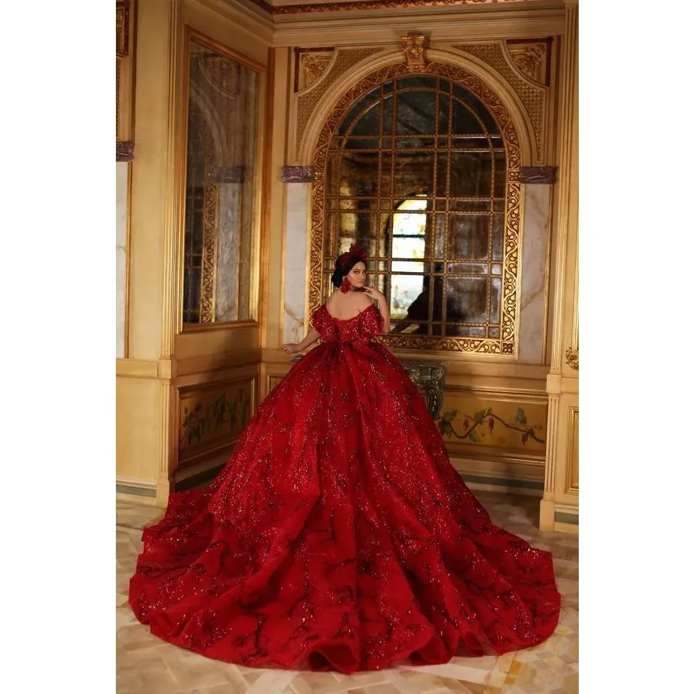 Stunningbride Sparkly Red Lace Applique A-Line Red gown for wedding with Off-Shoulder and Sweep Train for Arabic Bridal Party - Plus Size Available ( Stunningbride Sparkly Red Lace Applique A-Line Red gown for wedding with Off-Shoulder and Sweep Train for Arabic Bridal Party - Plus Size Available (