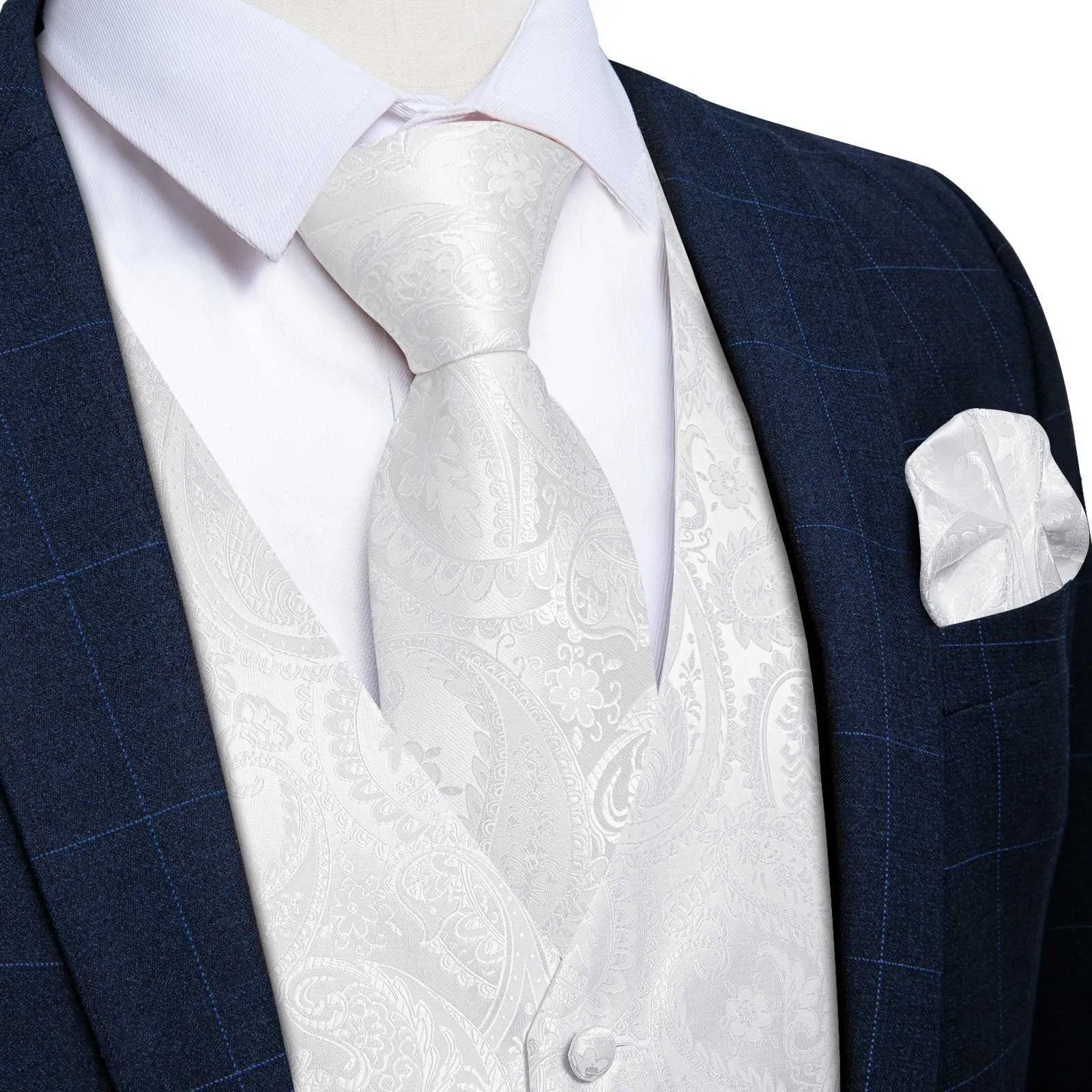 Herrenwesten Reinweiße Hochzeitsweste für Männer Ärmellose V-Ausschnitt Satin Weste Krawatte Einstecktuch Manschettenclip 5 Stück_voghion.com