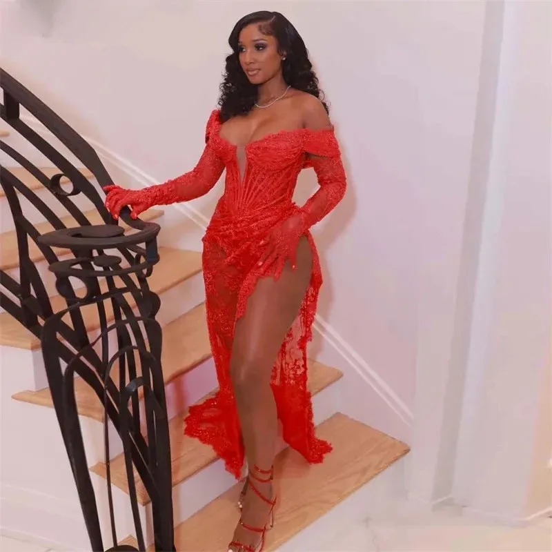 Side Slit Red Lace Off Shoulder Illusion Tail Prom Dress Long