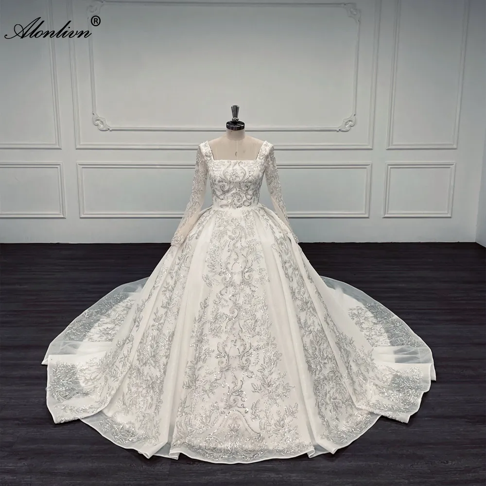 Elegant Square Neck A-Line Wedding Dress: Beaded Lace, Long