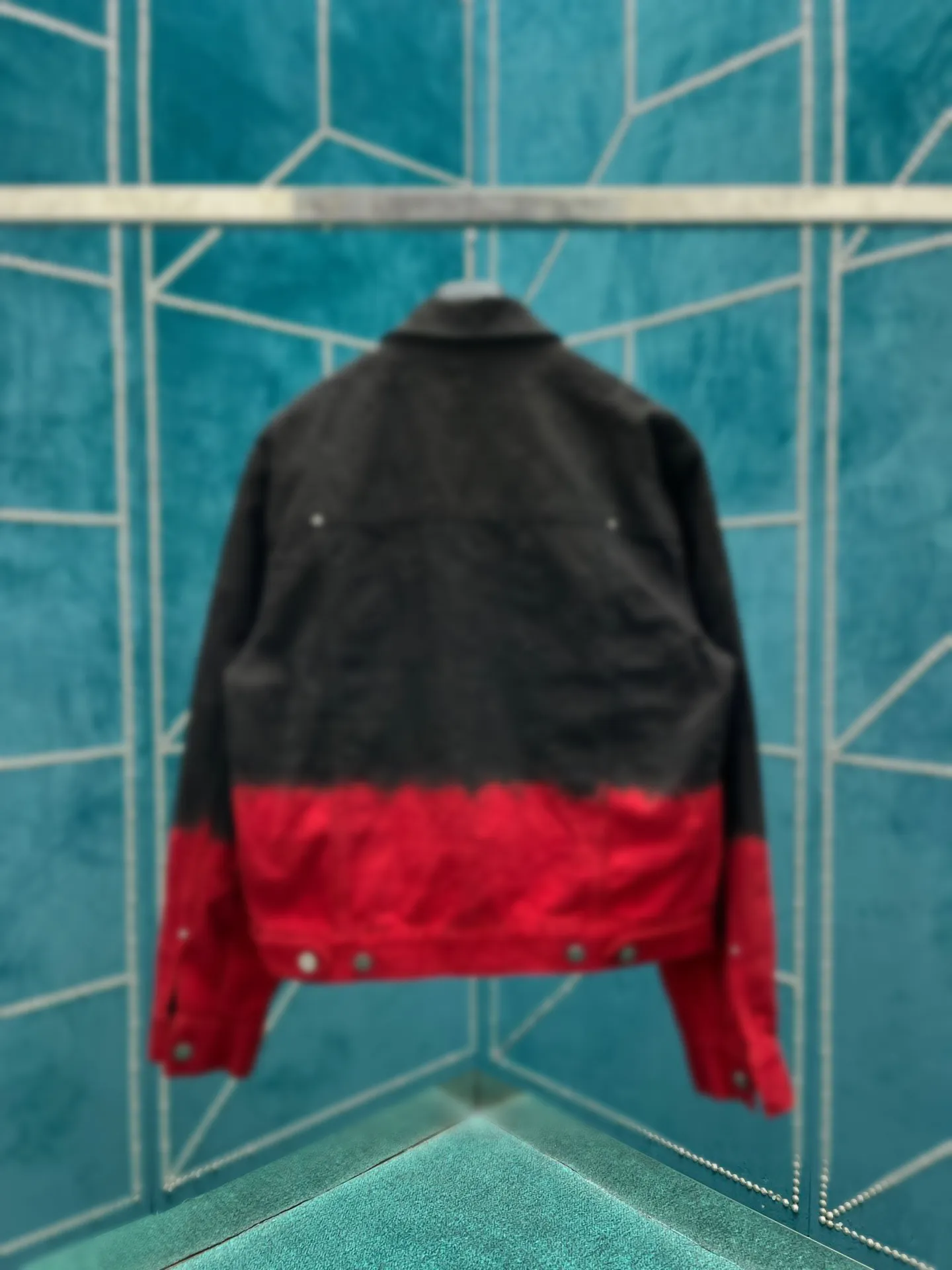 Half black half red denim jacket hotsell