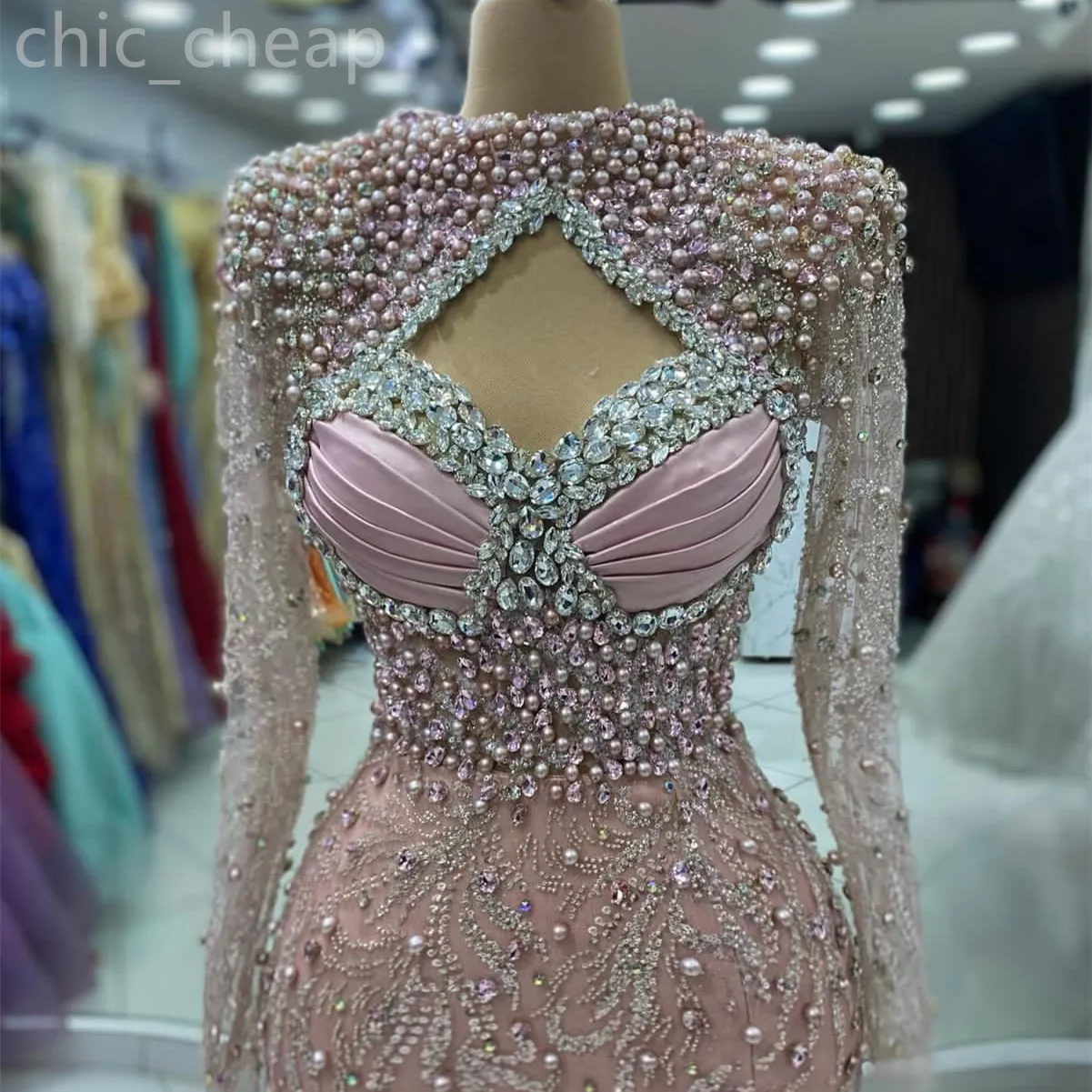 2024 Aso Ebi Blush Pink Mermaid Prom Dress Pearls Crystals High Split