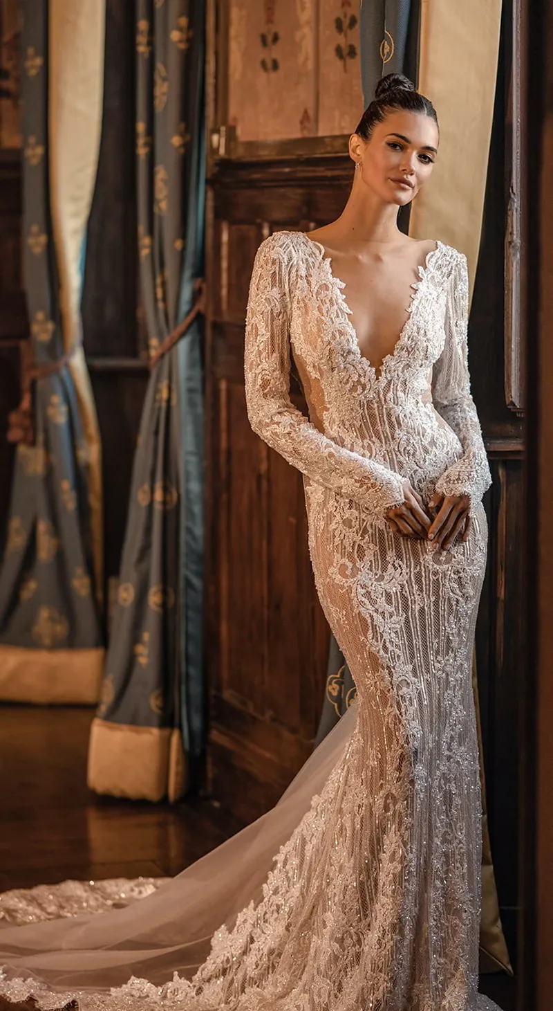 Mermaid Wedding Dress Backless Deep V Neck Sequined Lace Bridal Gown Long  Sleeves Court Train from Dhgate Mermaid Wedding Dresses - price 215.63