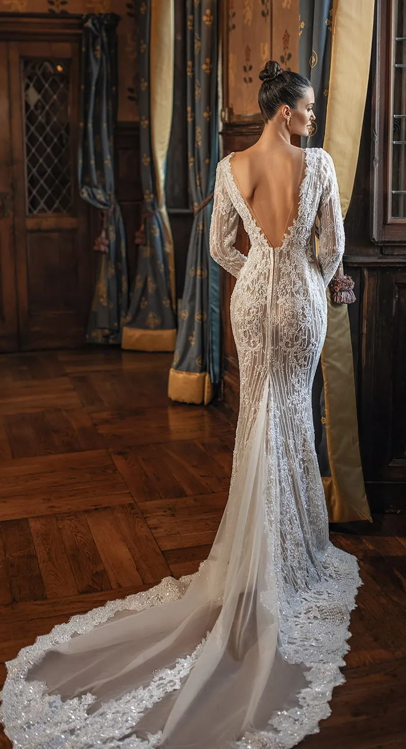 Custom-made Deep V-Neck Mermaid Deep v wedding dress with See-Through Sequins and Long Sleeves