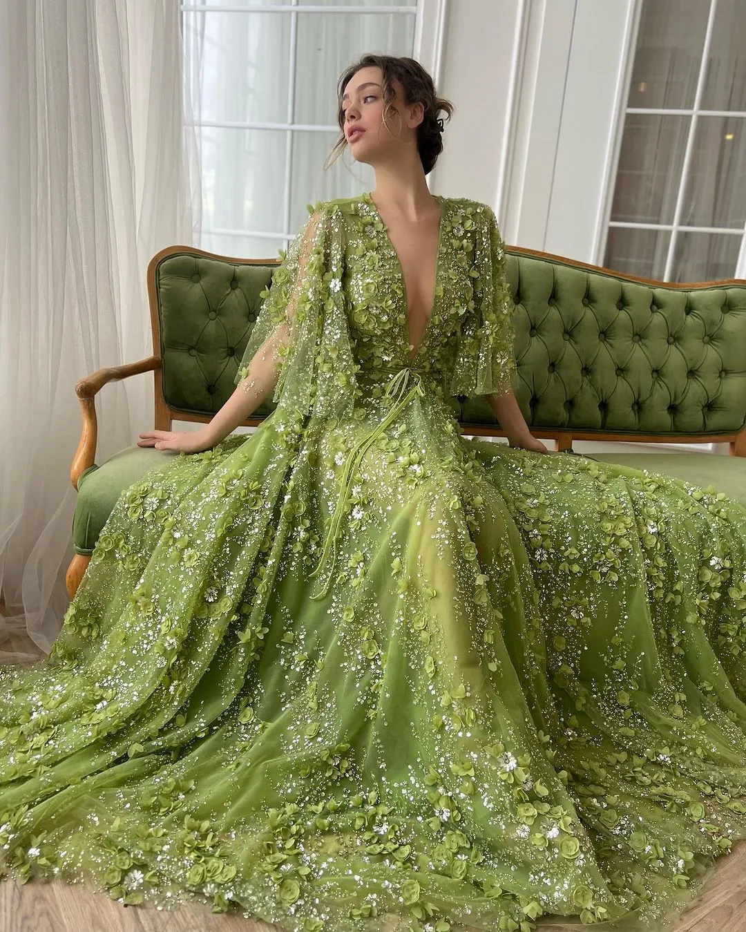 fitted lace wedding dress V Neck Long Sleeves Green Long Prom Dress with Velvet Top, Green Forma –  abcprom main image 0