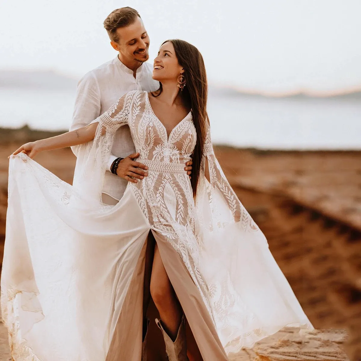 boho beach lace wedding dress Wedding Dress, Boho Wedding Dress, Mesh Lace Wedding Dress, Chiffon Skirt, Beach Wedding Dress, Lace Sleeve Wedding Dress, Beach Wedding