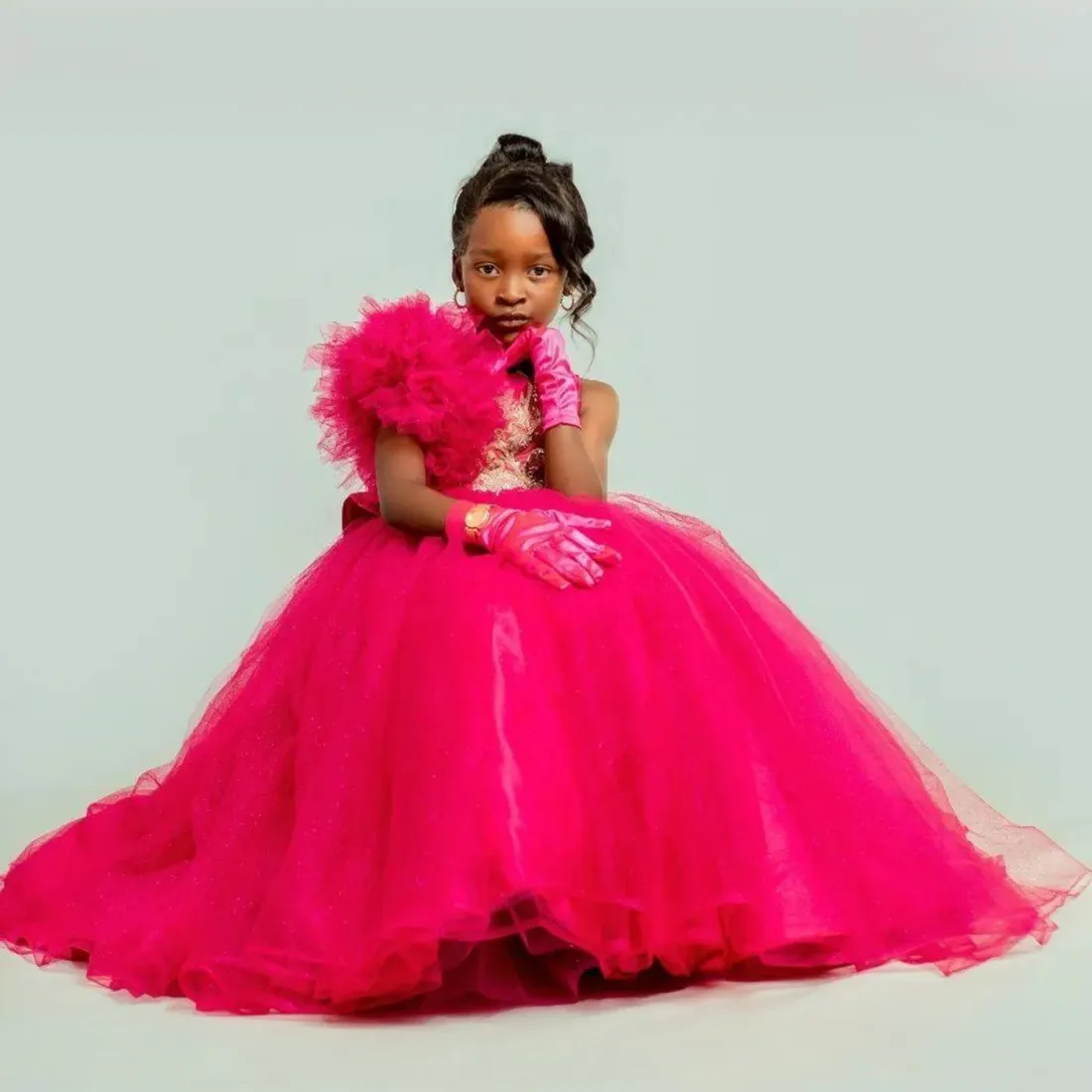 Hot Pink Flower Girl Dresses Sheer Neck Tiered Tulle Ball Gowns Flowergirl Dress Princess Beaded First Birthday Party Dresses Daughter And Mother Dresses NF004 From 78 57 DHgate