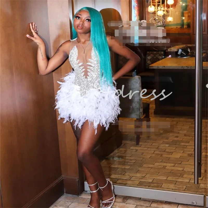 sachin and babi light blue dress Glitter Feather Pearls Halter Backless Short White Party Dress Women Luxury  Celebrate Birthday Outfit Performance Dance Costume