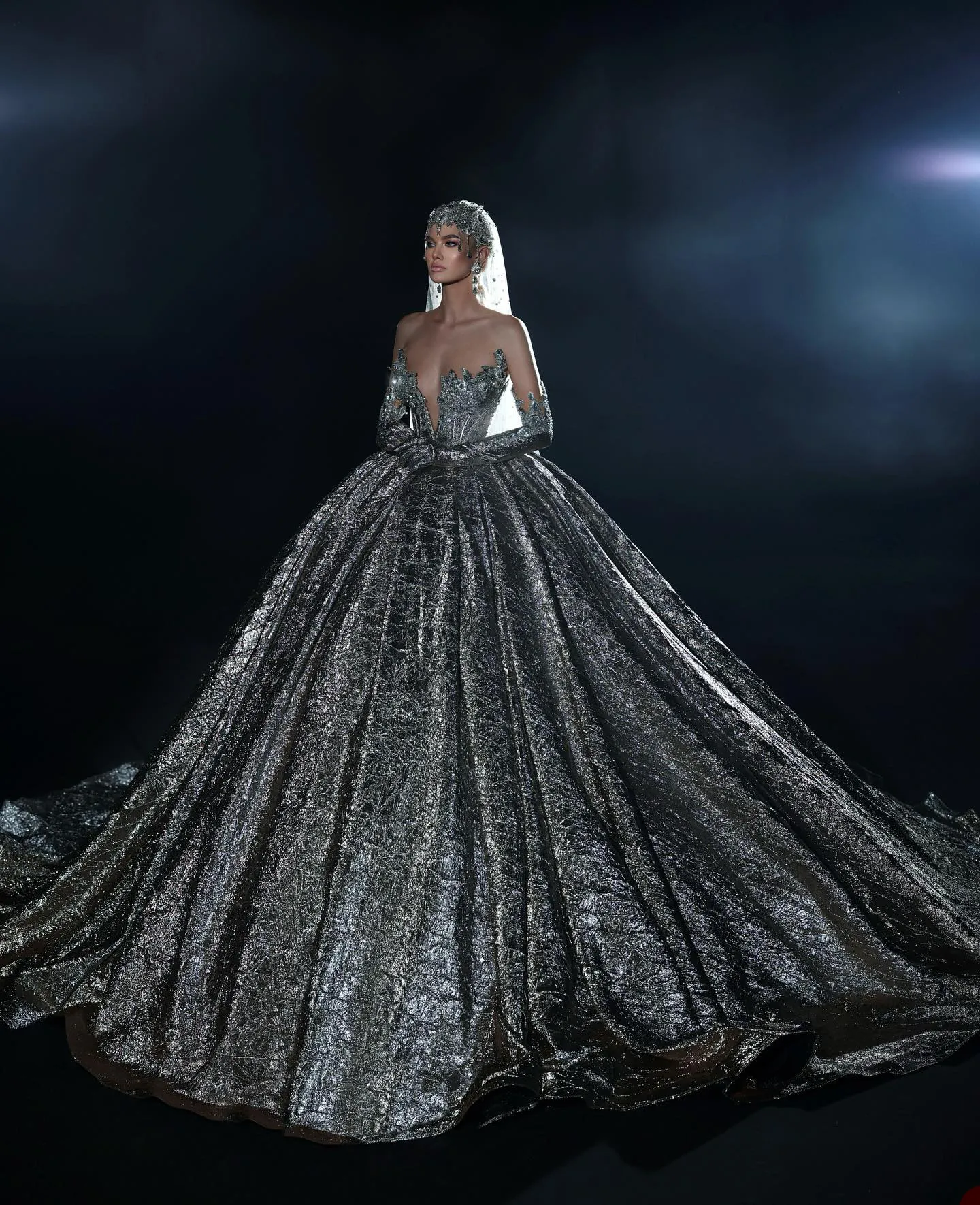 Custom-Made Crystal Strapless Sparkly Ballgown Wedding Dress with Deep V-Neck and Sleeveless for A Romantic Bride