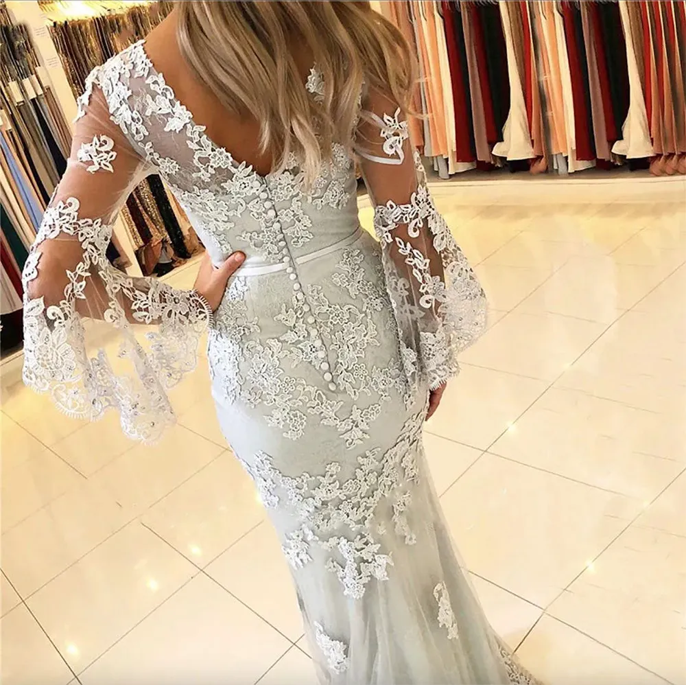Custom-Made Silver Mermaid Applique Wedding Dress with Juliet Sleeves, Ribbon Lace Applique, Covered Button, and Sweep Train - Perfect for Formal