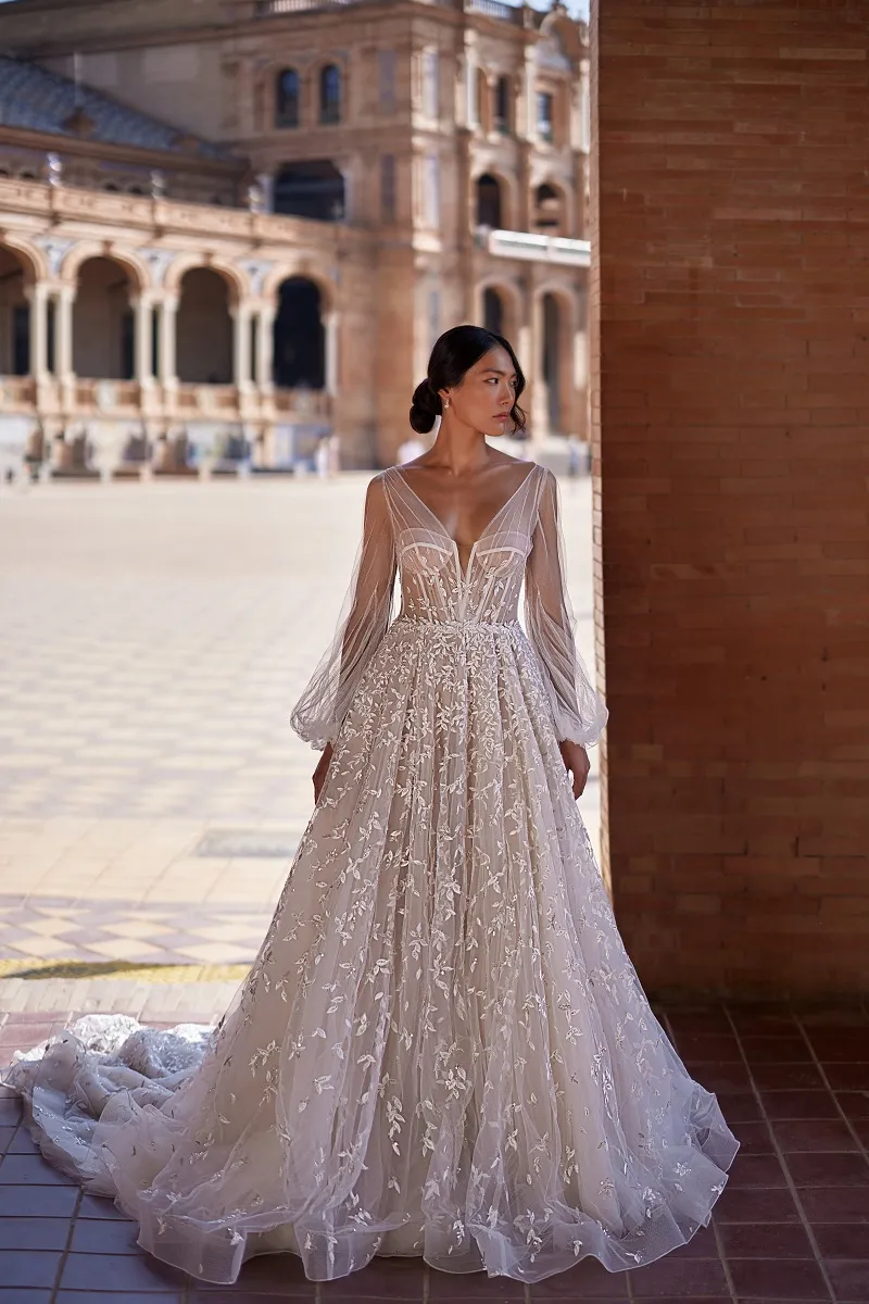knee length dresses for ladies Tulle Sheath V-neck Beaded Lace Appliques Long Sleeve Wedding Dress, MW1046 main image 1