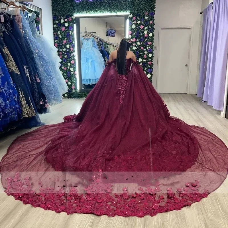 Burgundy A-Line Quinceanera Dress with Lace Cape, Off the Shoulder  Neckline, Butterfly Appliques, Crystals, and Corset Lace-up Back from  Dhgate Quinceanera Dresses - price 237.06