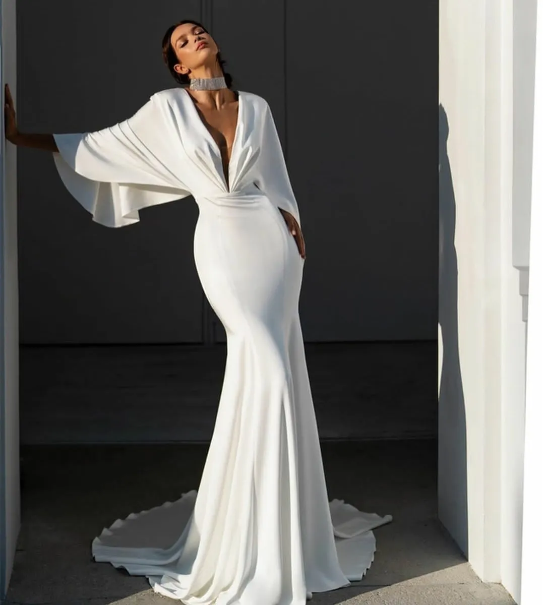 Elegant Mermaid Wedding Dress: Long Crepe V-Neck Gown, Ivory, Buttons,  Sweep Train. Shop Now! from Dhgate Mermaid Wedding Dresses - price 63.85