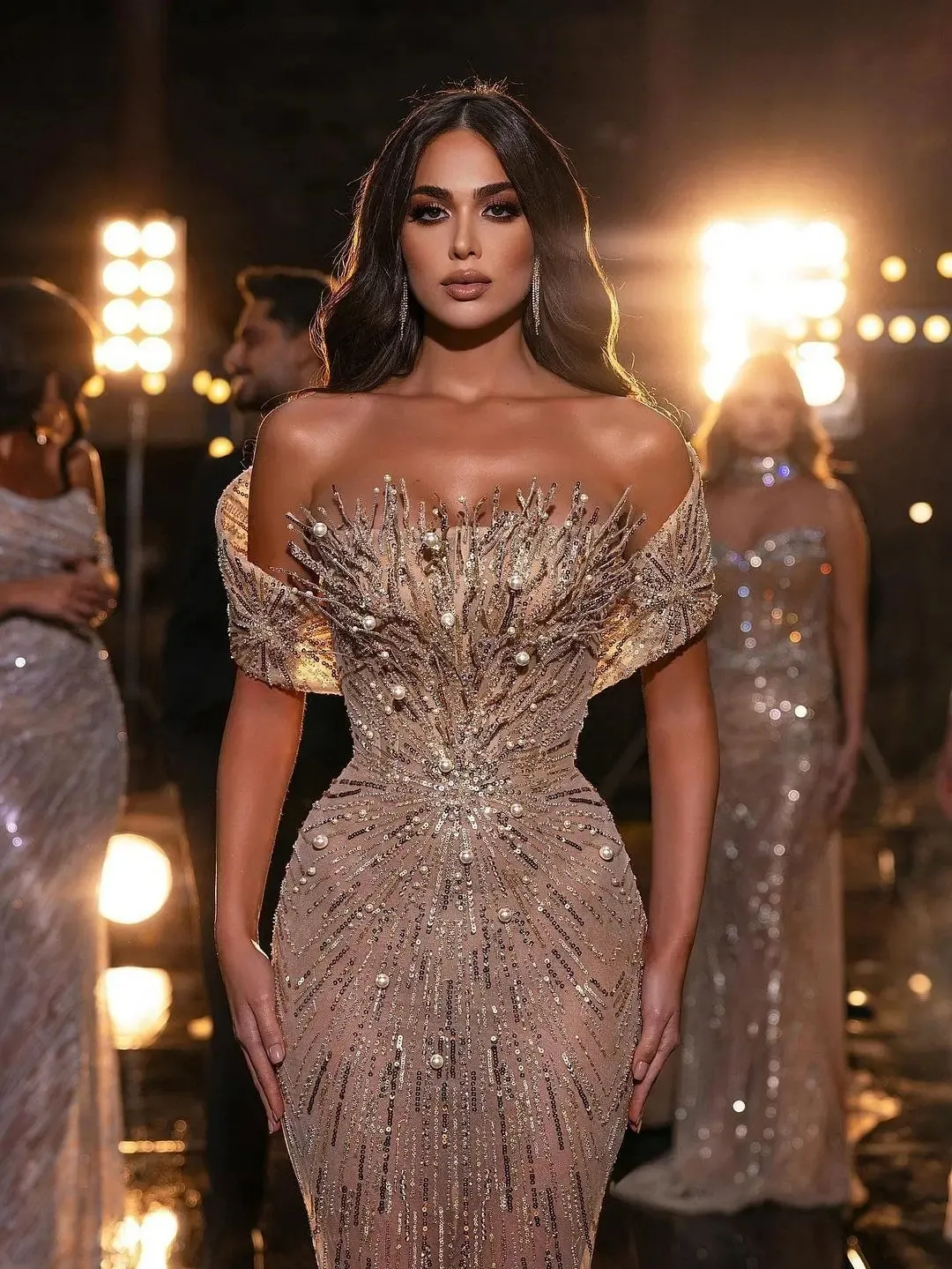 Elegant Glitter Evening Dresses with Pearl Sequins Mermaid Prom Gowns Off the Shoulder See Through Party Dresses