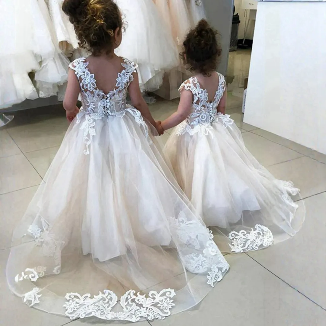 Tiered Tulle V-neck Long Flower Girl Ball Gown Chocolate main image 0