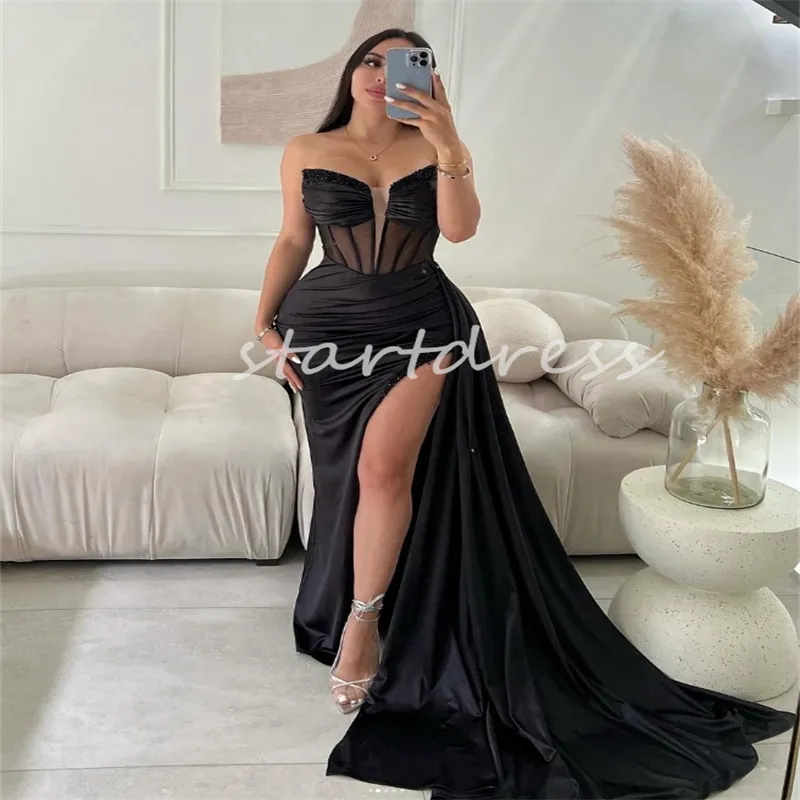 Elegant Red Black Mermaid Prom Dress with High Slit Beaded Sweetheart Formal Evening Gown for Birthday Party