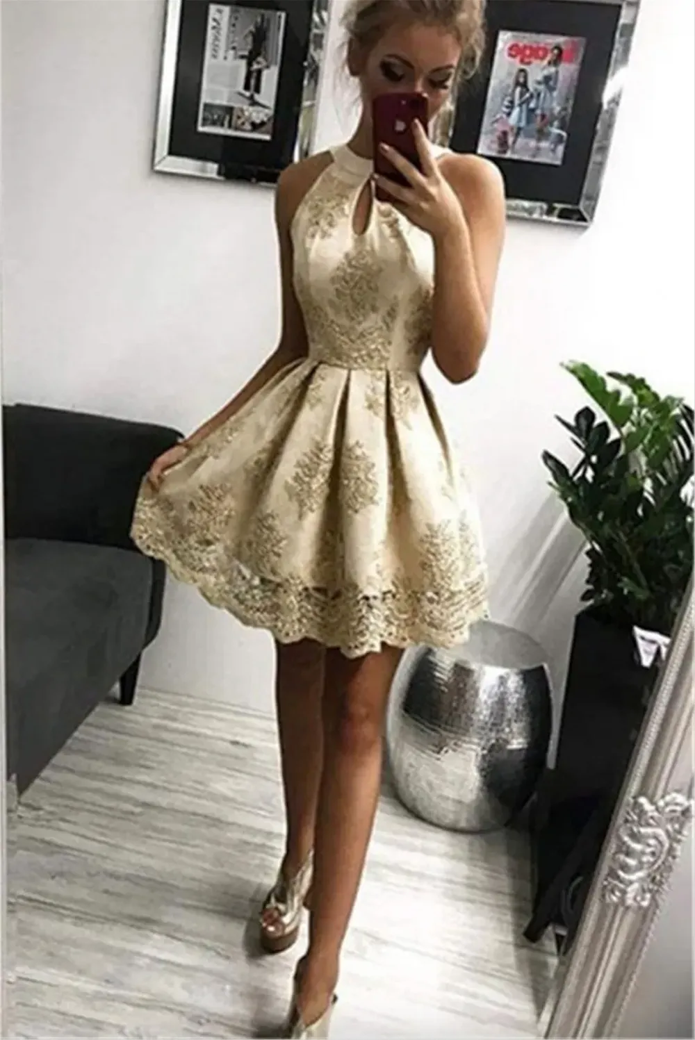 Champagne gold cheap dress short