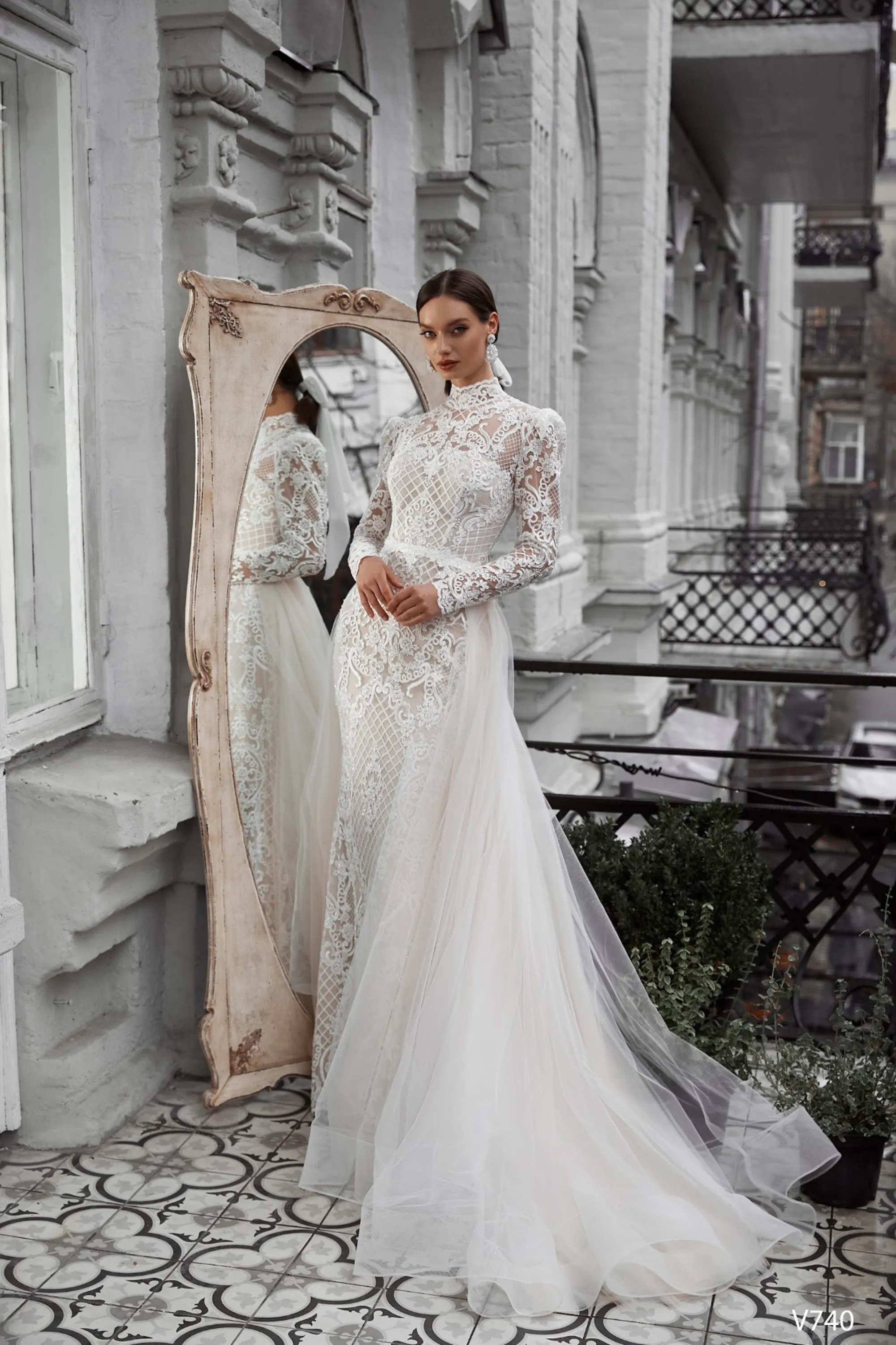Vintage Mermaid Wedding Dresses for Women High Collar Long Sleeves Bridal Gown Lace Detachable Train Skirt Custom Made plus size 1110