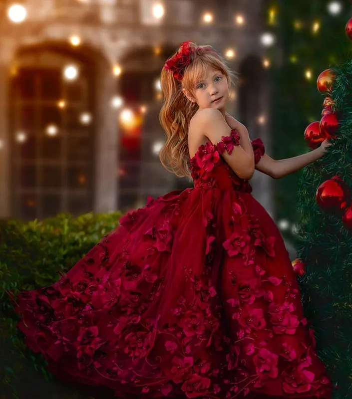 red flower girl dresses Burgundy High Low Tulle Lace Dress, Party Girl Dress 4 / Burgundy this lovely deep red dress is sure to add that perfect touch that will be remembered fondly for years to come Floor Length Red Lace Flower