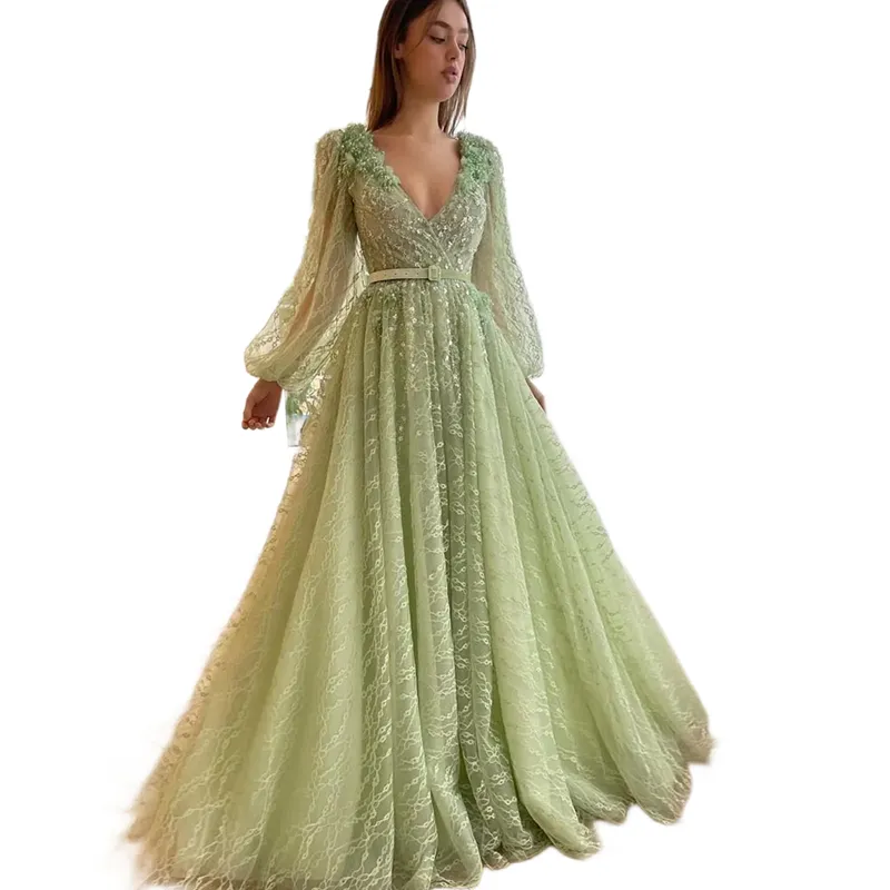 knee length dresses for ladies Luxury Beaded Long Sleeves Sage Green Formal Dress RM033 main image 1
