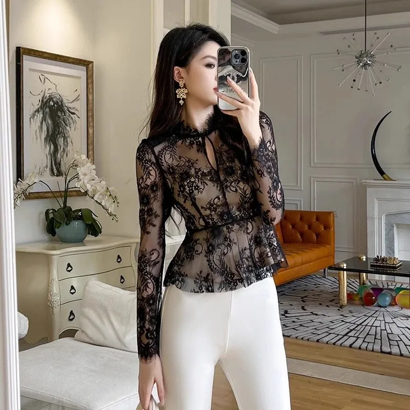 Womens Eyelash Lace Stand Collar Perspective Long Sleeve Slim