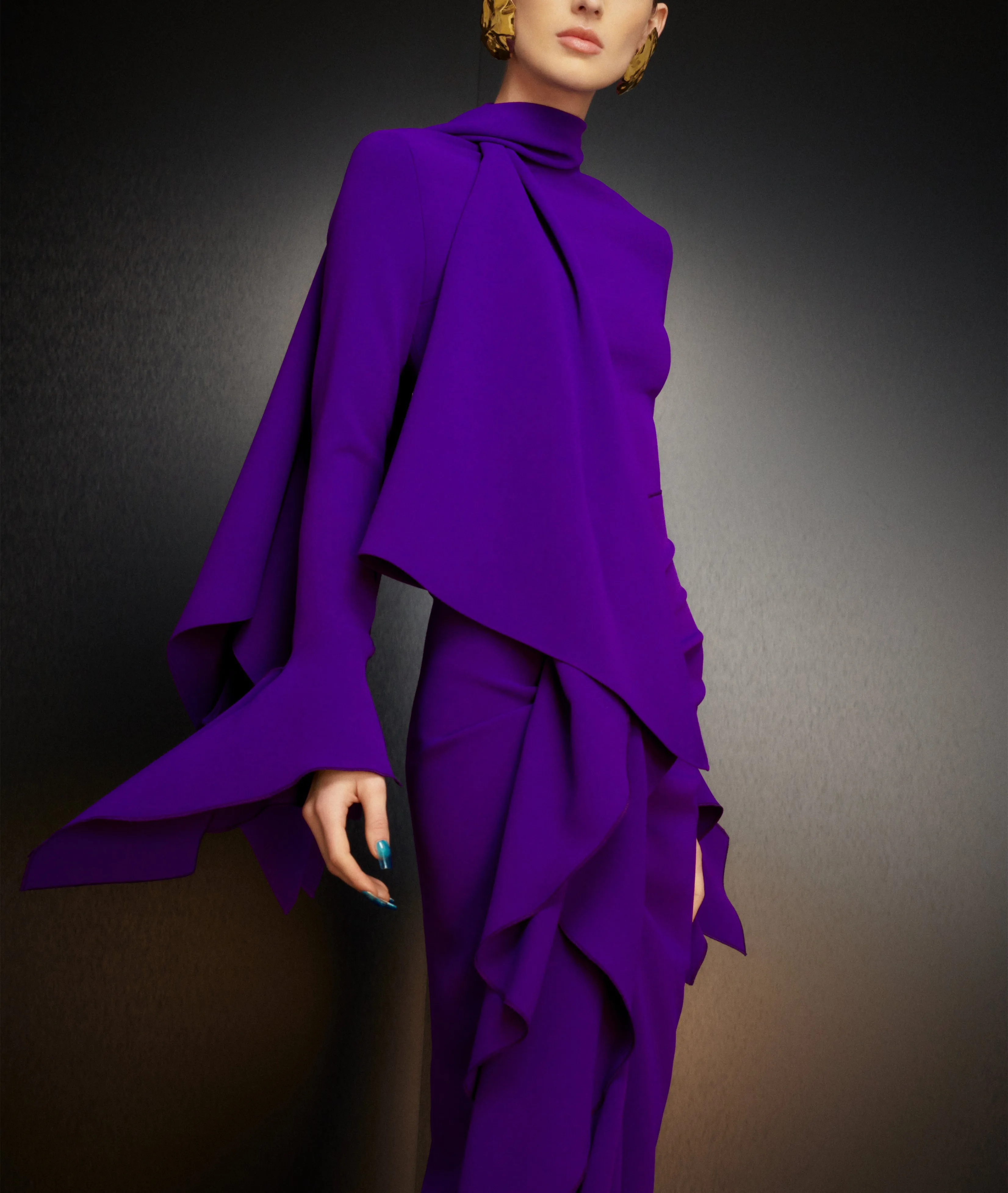 Purple Crepe Evening Dress with Ruffles and Slit Detail - Elegant Long Sleeve Sheath Purple formal Dress for Women