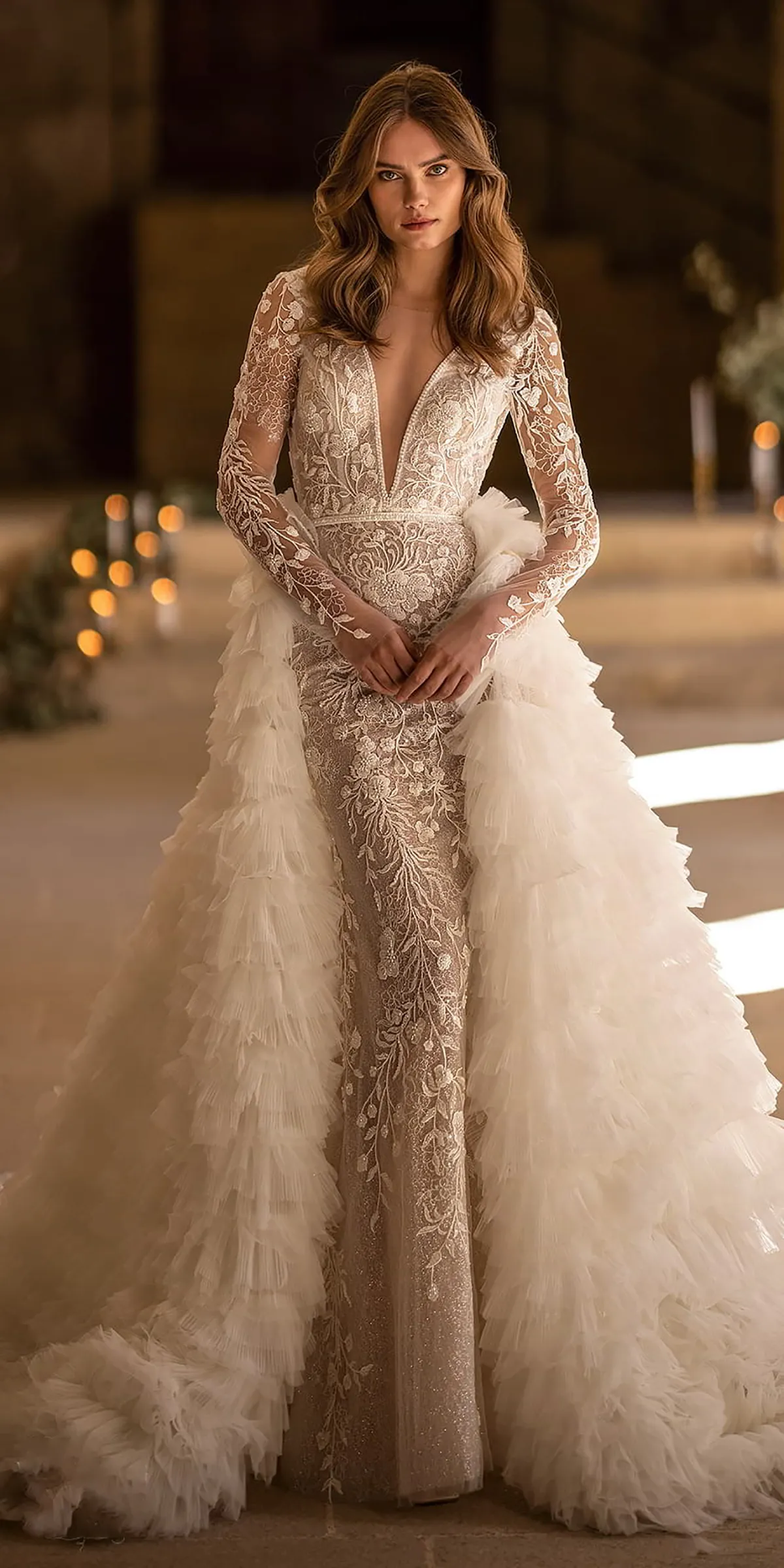 premium lace wedding dress Custom-made Elegant Lace mermaid overskirt wedding dress with Tiered Detachable Train, V-Neckline, and Appliques