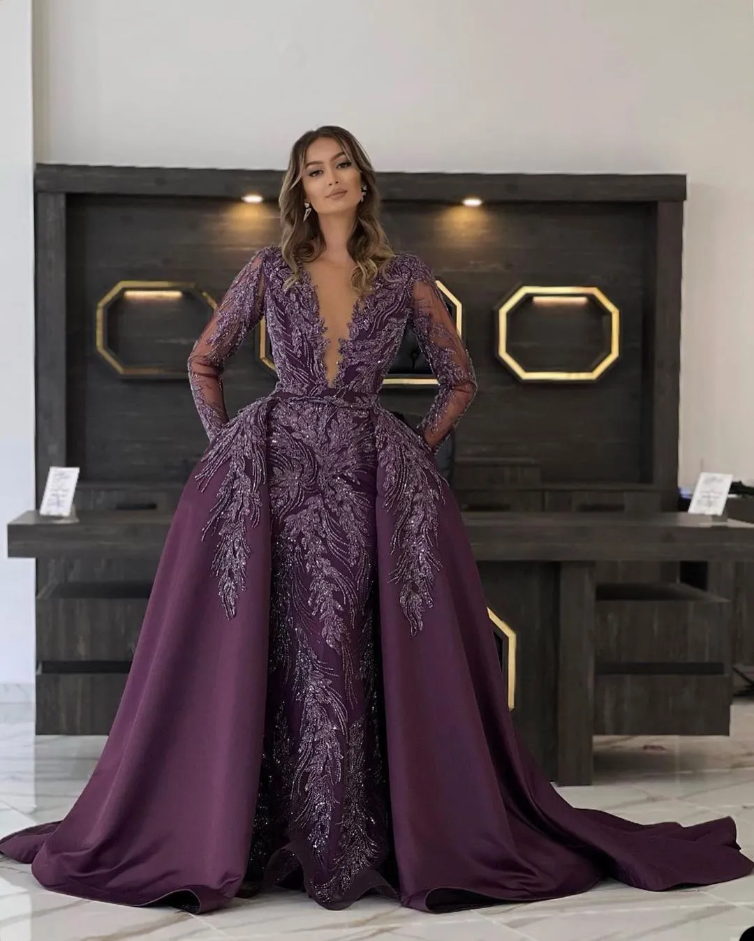 Fancy Purple Evening Dress Sheer Neck Jewel Lace Appliques Prom Gowns with Overskirts Long Sleeve Party Dresses Custom Made