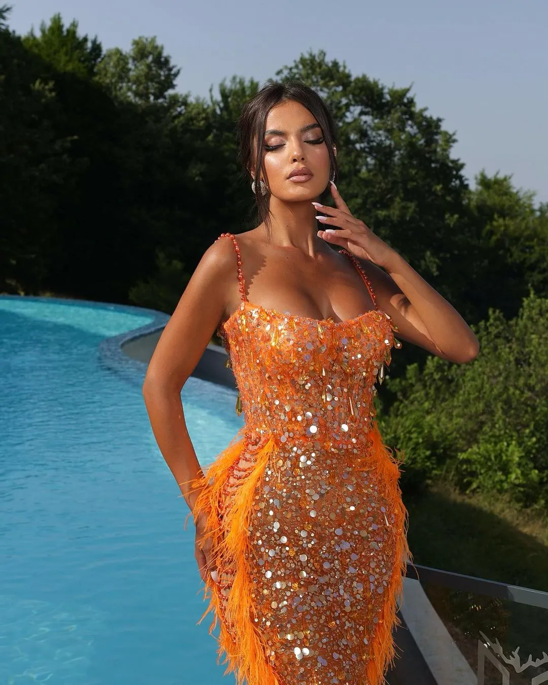open lace back dress Orange and Pink Ombre Strapless Feather Bodice Tulle Gown